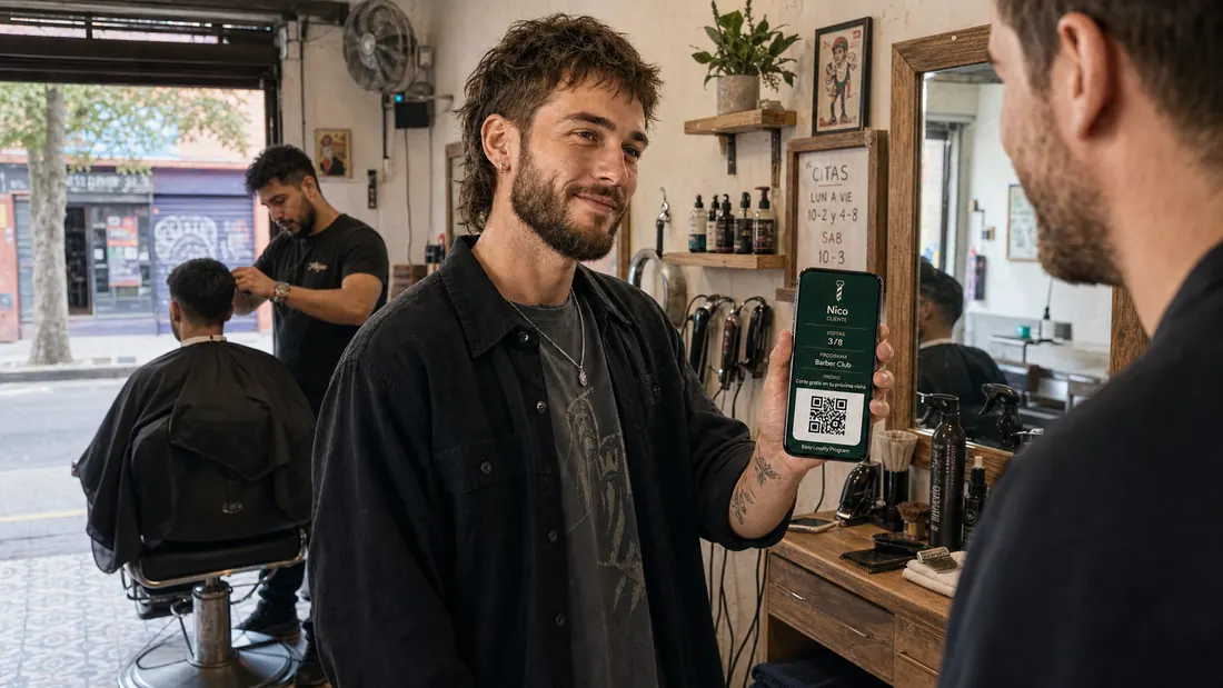 Un cliente muestra en su teléfono la tarjeta de lealtad al barbero en una barbería