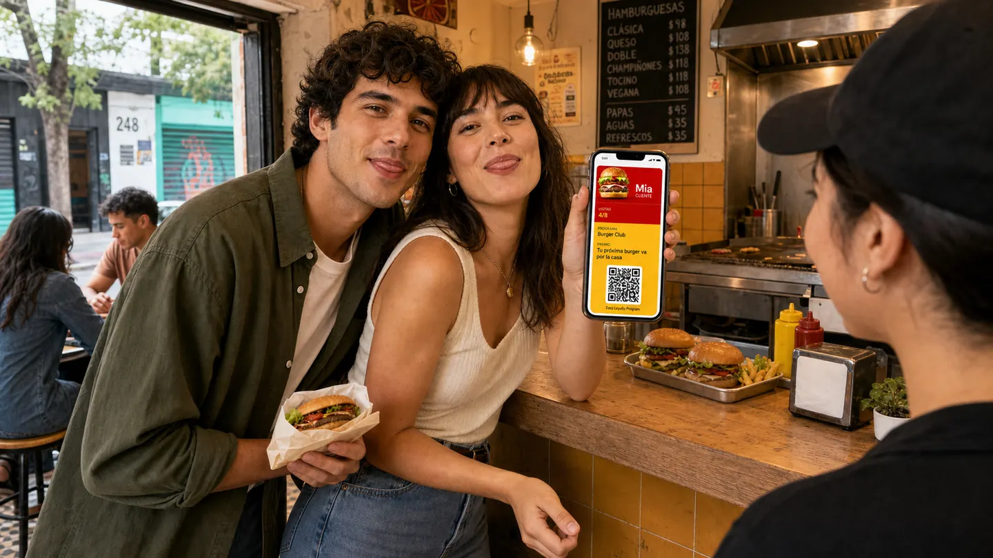 Una pareja muestra en su teléfono la tarjeta de lealtad en el mostrador de una hamburguesería