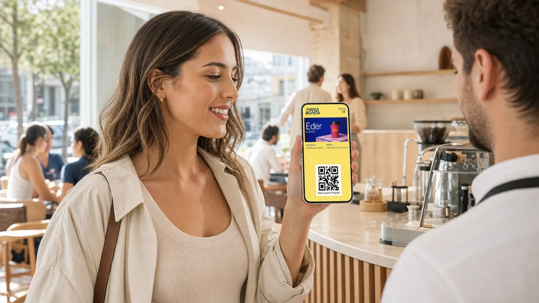 Una clienta muestra en su teléfono la tarjeta de lealtad al barista de una cafetería